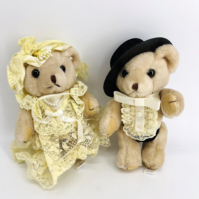 VTG ORIENTAL TRADING CO. MARRIED BRIDE GROOM POSEABLE TEDDY BEAR PLUSH DOLLS