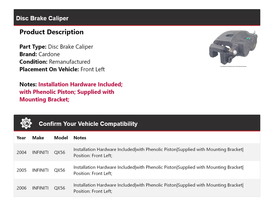 Pinza de freno de disco delantera izquierda Cardone 2005 para Infiniti QX56 2004-2006 Foto 2 de 4