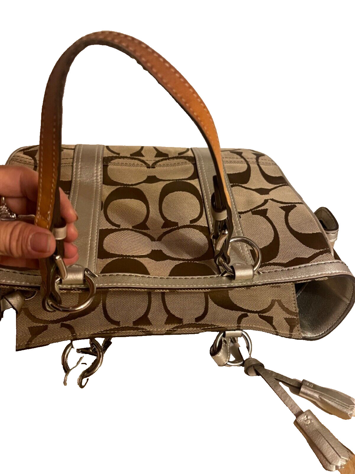 Coach handle/tote Handbag tan coach signature pat… - image 8