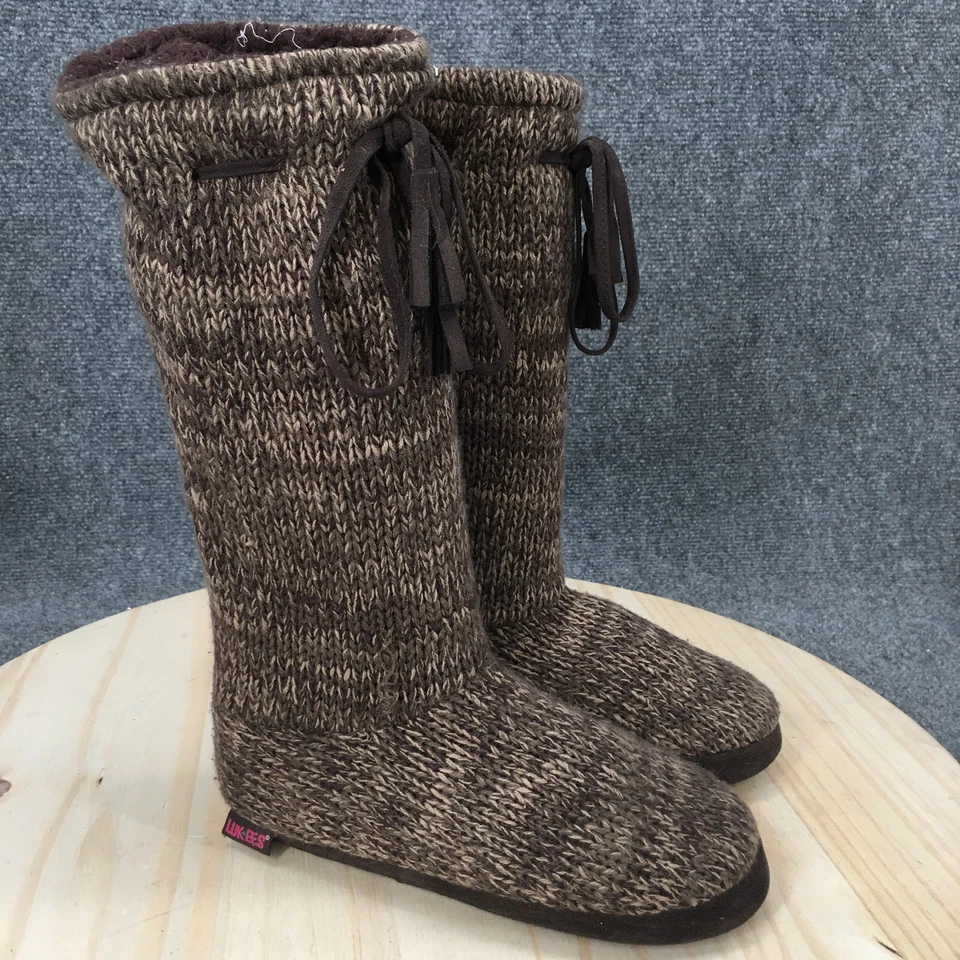 Botas Lukess By Muk Luks para mujer 7 M suéter media pantorrilla planas corbata tela marrón Foto 3 de 4