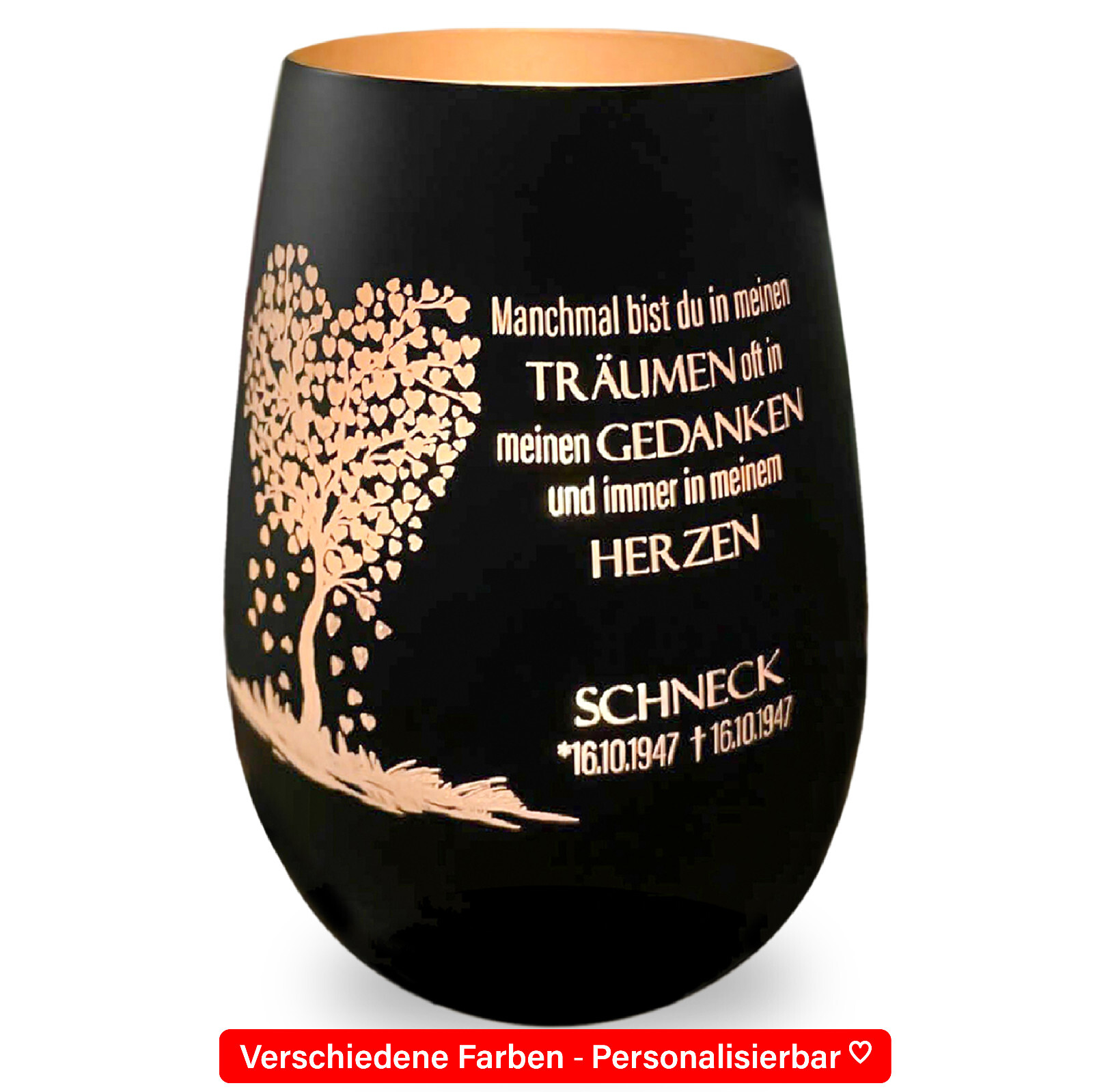 Windlicht mit Gravur personalisiert Trauerlicht Erinnerungslicht Herzbaum Glas