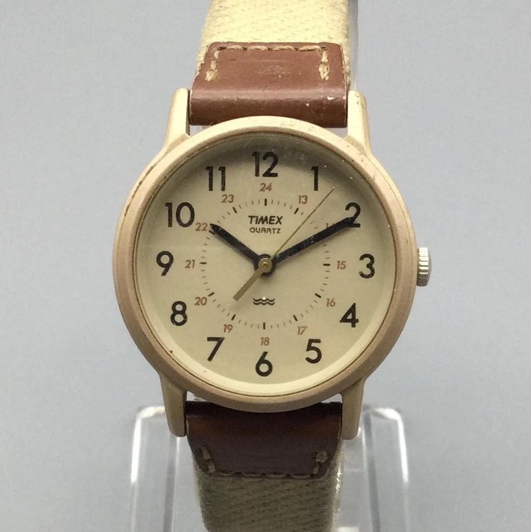 Timex vintage women’s Beige Dial Canvas and Brown Leather Strap Watch Timex Women Watch Gold Plastic Leather Canvas Brown Batt 50m  main image 3