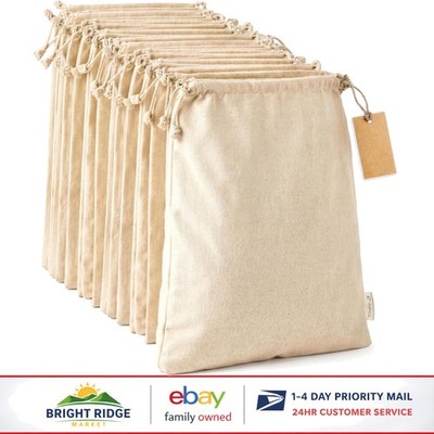 Large Eco-Friendly Cotton Produce Bags, 10x12 Drawstring Pouches for Essentials