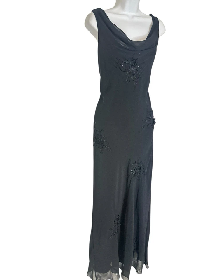 Vestido Adrianna Papell preto frisado floral aplique Y2K fada caprichoso 12 - Imagem 4 de 4