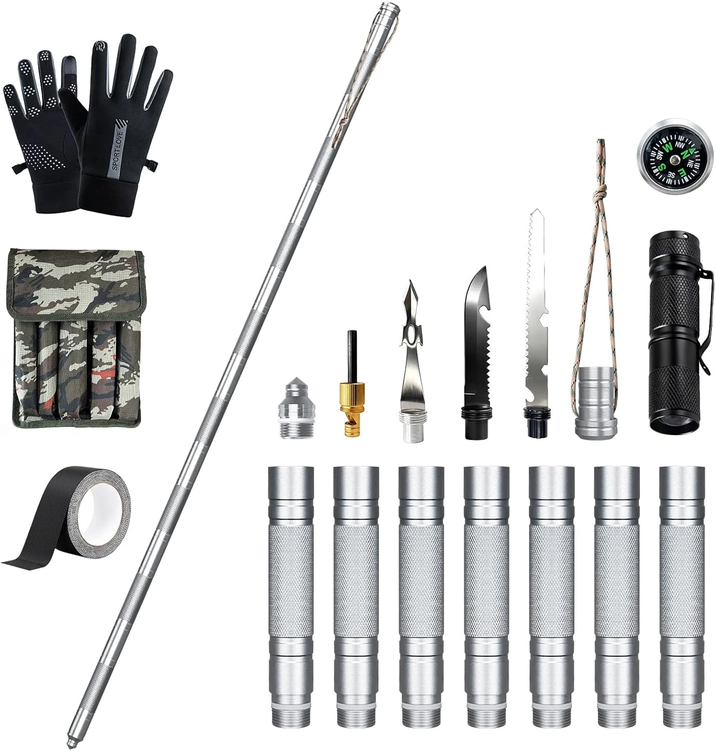 15-in-1 Tactical Walking Stick Spear Knife Flashlight Gloves
