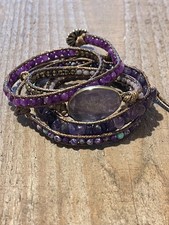 Natural Stone Purple Amethyst and  Jasper Wide Gemstone Wrap Latered Bracelet