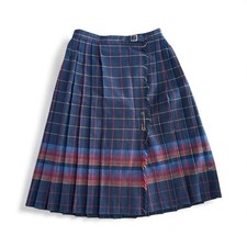 Vintage 70s Clyde Kilt Skirt Women's 13/14 Navy Blue Wool Plaid Scotland