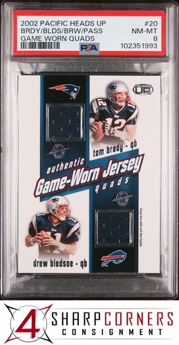 2002 PACIFIC HEADS UP GAME WORN QUADS #20 TOM BRADY PATRIOTS POP 6 PSA 8