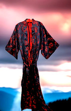 Vintage Men  s Chinese Satin Robe Smoking Jacket Red Black Dragon Embossed Belted