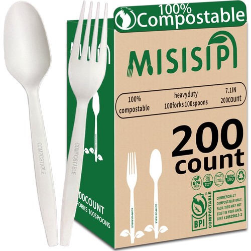 [7In 200Pcs] 100% Compostable Forks and Spoons Utensils Cutlery ...