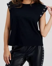 Bar III Womens' Black Grommet-Sleeve Crew-Neck Top Petite Size PXL