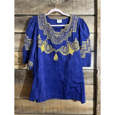 #ad Simply Heritage Womens Blue Gold Embroidered Cotton Tunic Top Size L RN 80146 $29.00