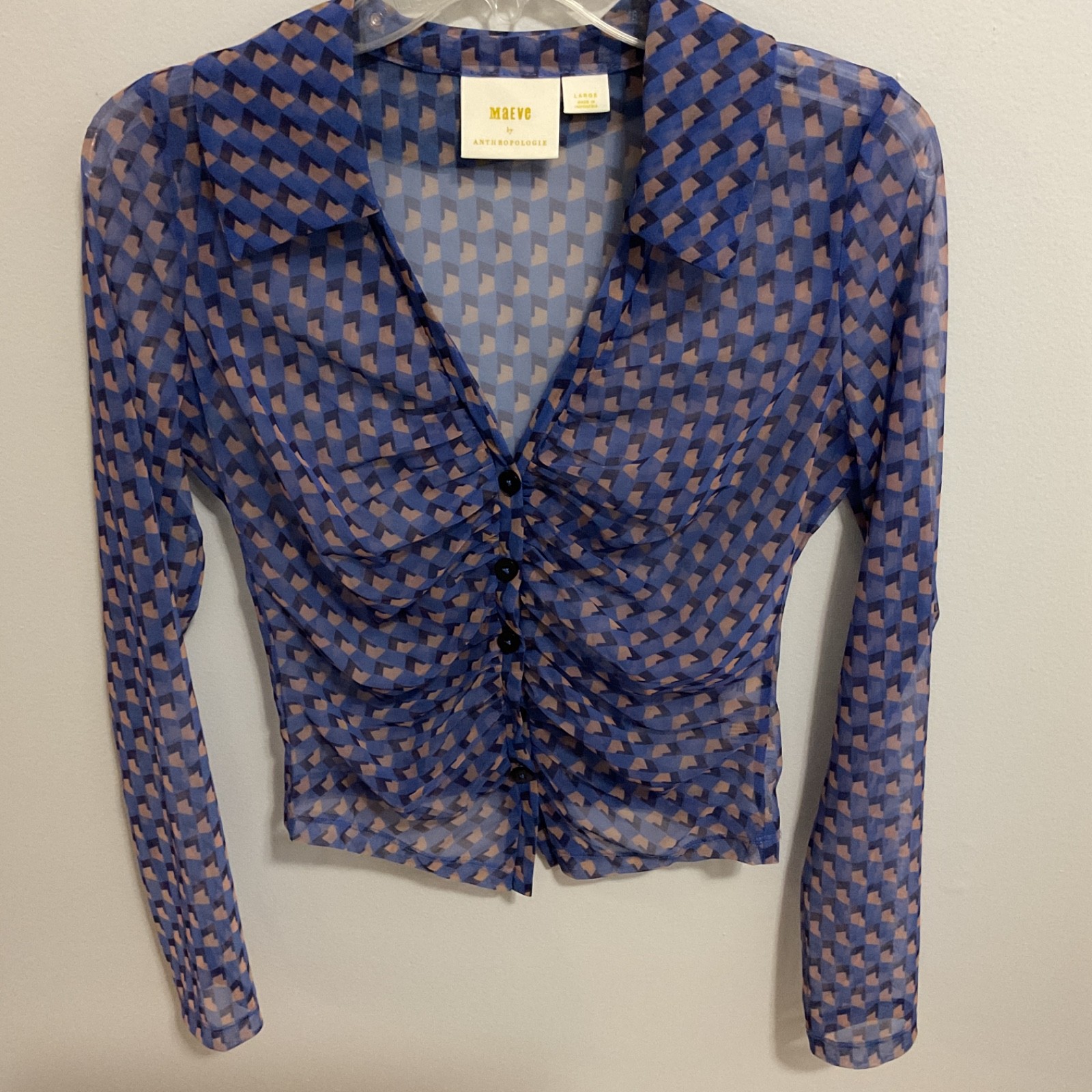 Maeve Anthropologie Sheer Ruched Button Up Blue Geometric Print Cropped Blouse,L