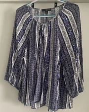 Women’s Fred David 3x Top Blouse 3/4 Sleeve Blue White Boho Flowy Peasant