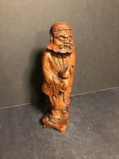 OLD HAND CARVED SOLID RED WOOD MID CENTURY SCULPTURE FIGURINE CHINA MAN W/ CANE 