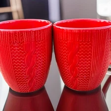 2 Textured Ceramic Red Cable Knit Sweater Coffee Mugs Cups Royal Norfolk