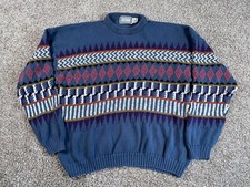 VTG 90s Geometric Pattern Sweater Adult XL Blue Chunky Knit Concrete Mix Tag