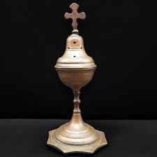 ANTICO INCENSIERE LITURGICO CON CROCE IN OTTONE 1700 XVIII sec