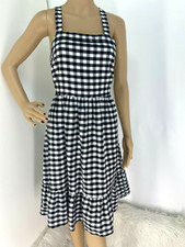 LOFT WHITE & BLACK GINGHAM PRINT HEM RUFFLE A LINE BOHO CASUAL DRESS SIZE 6P NWT