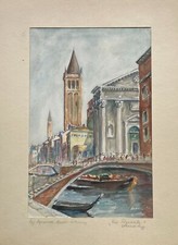 Acquerello Fritz Moeller-Schlünz Venezia Rio San Barnaba Vista Città Con Canale