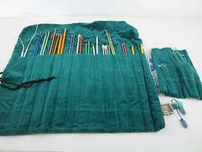 Lot of Knitting Needles with Vintage Homemade Green Corduroy Travel Case Holder