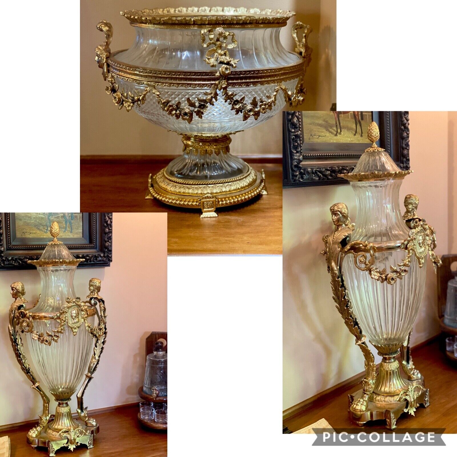 🎺 Baccarat StyLe 3 Glass + BRONZE GiLt NeoClassical Urns OvAL Vase