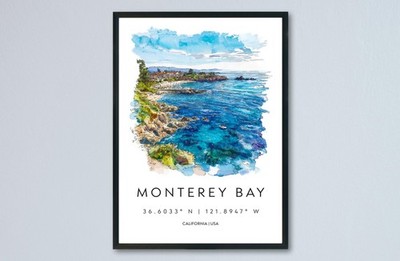 Monterey Bay Aquarell Poster Monterey Bay Kalifornien Reise Druck Wandbild