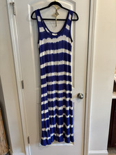 Calvin Klein Blue/White Striped Knit Maxi Dress Scoop Neck Strappy Sleeveless M
