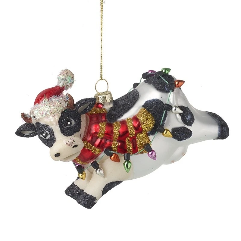 Glass Cow With Lights Christmas Tree Decoration by Heaven Sends With Gold Twine