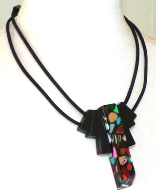 Sobral Art Deco Chrysler Black Mosaic Inclusion Artist Made Pendant Necklace