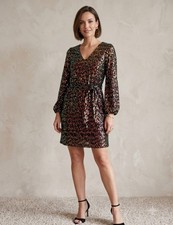 Loft XS Sequin Dress Mini Long Sleeve Tied Belt Gold Black V Neck