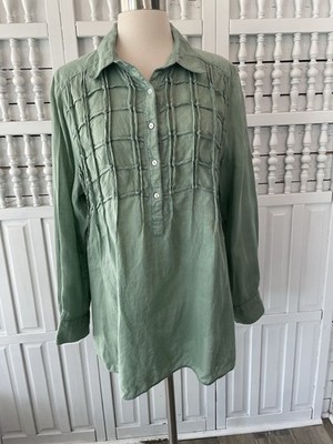 ATELIER MAX women's large green crisscross strap overlay 100% Linen blouse, M114