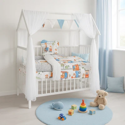 BABYHAFEN Babybett Hausbett 60x120 inkl. Matratze & Bettset – Tiere auf Zugreise