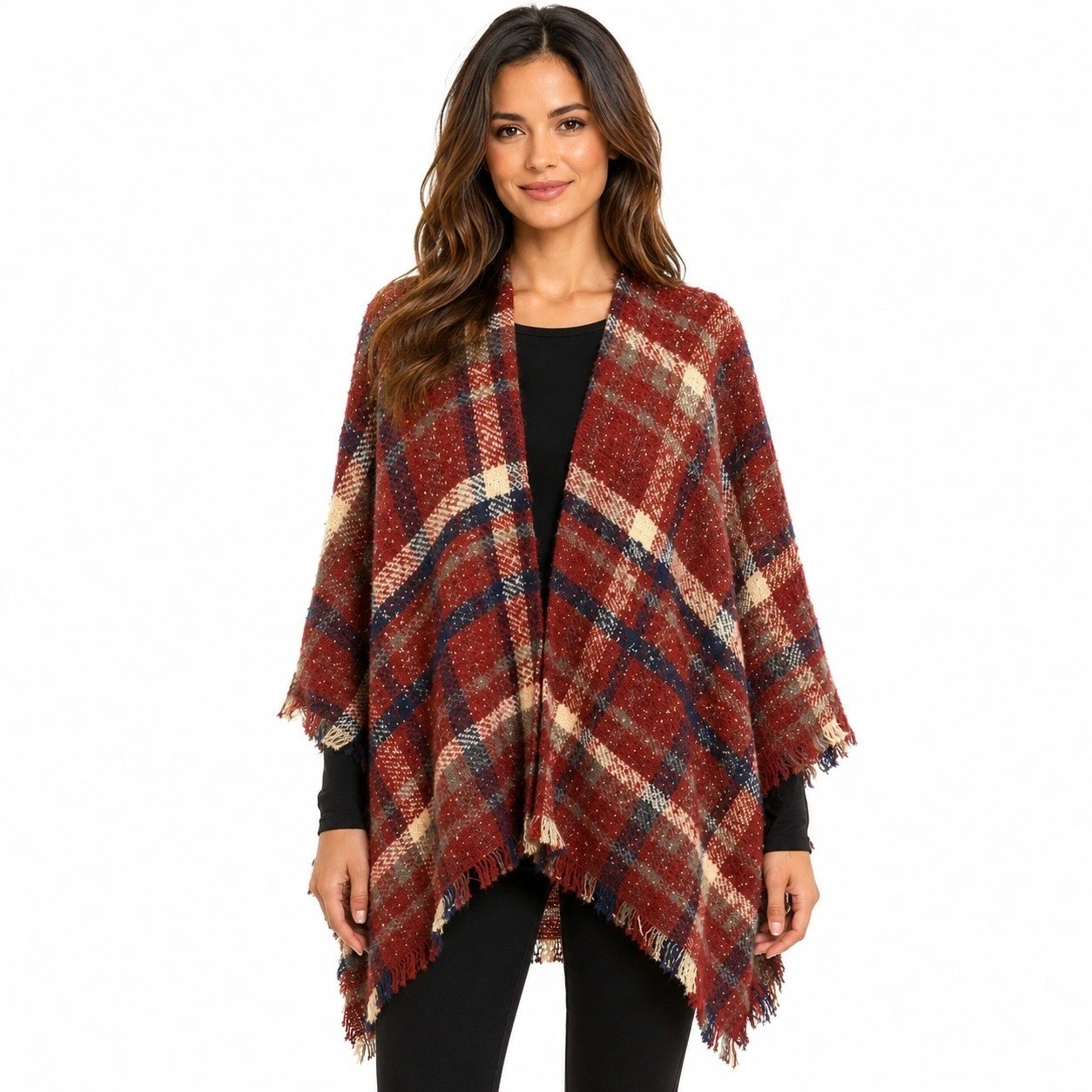 NWTBMarcus Adler New York Plaid Poncho Fringe Faux Cashmere Shawl Open Front OS