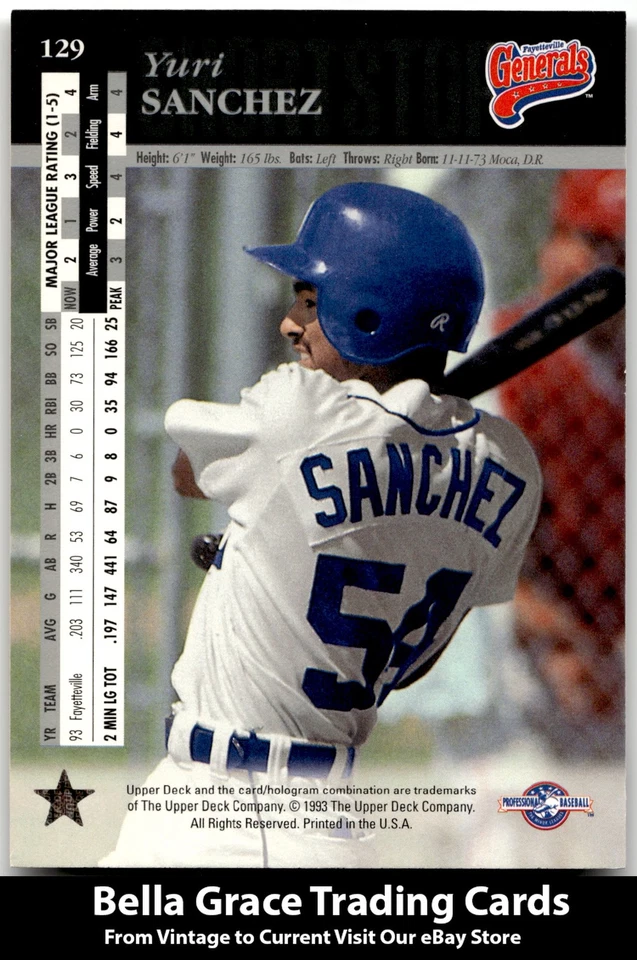 1994 Upper Deck Minor League Yuri Sanchez #129 Fayetteville Generals MLB - Image 2 of 2