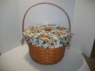 Longaberger 1990 Large Round Sewing Basket Swing Handle Lid Fabric