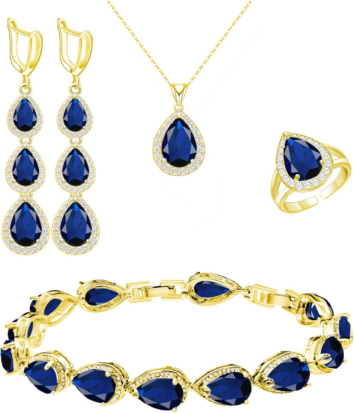 White Gold Plated Blue Sapphire Jewelry Set with Necklace Earrings Bracelet-image