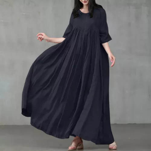 Damen Kurzarm Baumwolle Lockere Taille Party Swing Maxikleid S-5xl - Bild 7 von 28