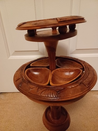 Vintage Monkey Pod Hand Carved Real Wood Lazy Susan Server - Picture 2 of 8