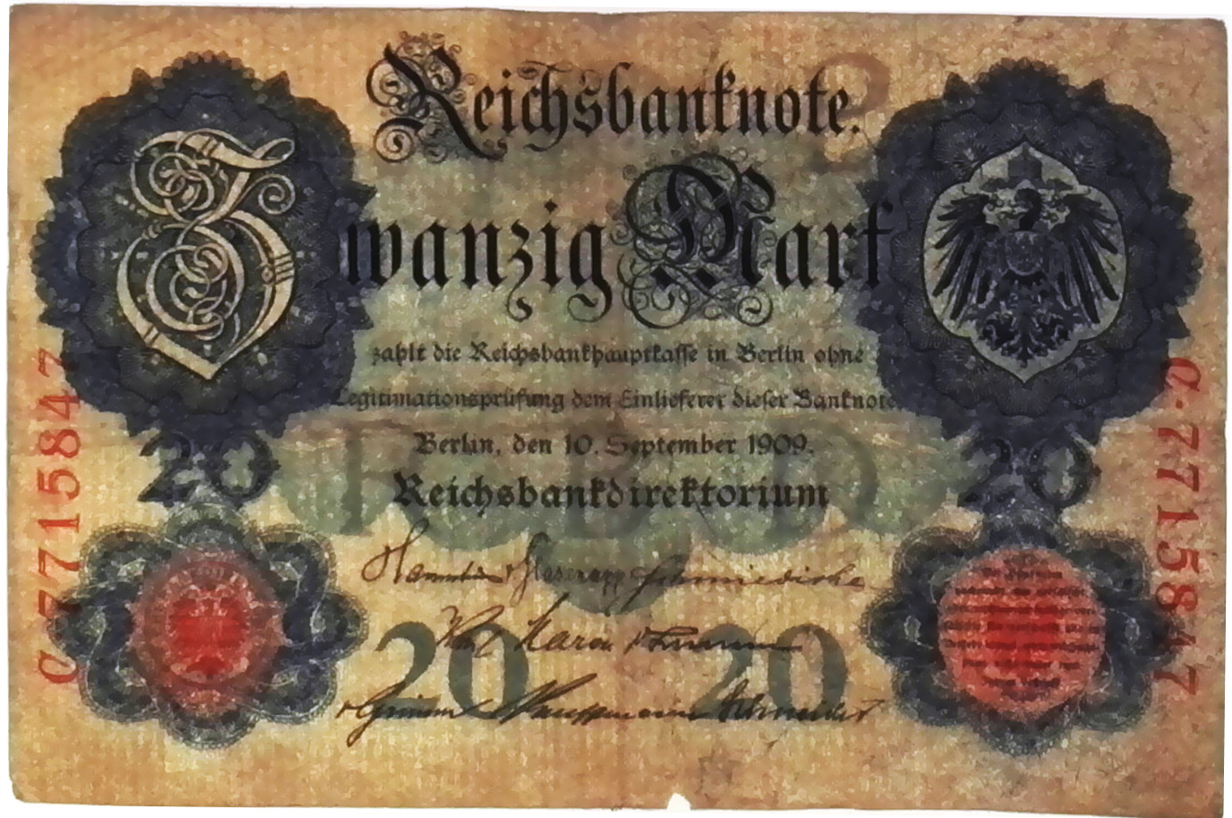 1909 German Empire 20 Mark banknote