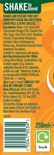 J2O Fruit Juice, Orange and Passion Fruit, 250ml Cans (Pack of 12) - Picture 5 of 6