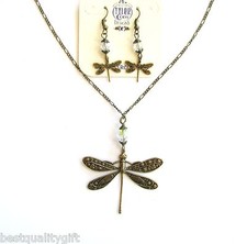 TYLER CODY BRASS GOLD TONE DRAGONFLY+SWAROVSKI CRYSTAL PENDANT NECKLACE+EARRINGS