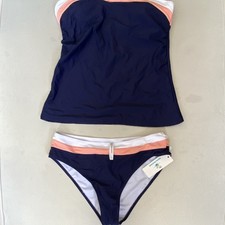Beachsissi Colorblock Strapless Tankini Navy White Pink Nylon Spandex Size M