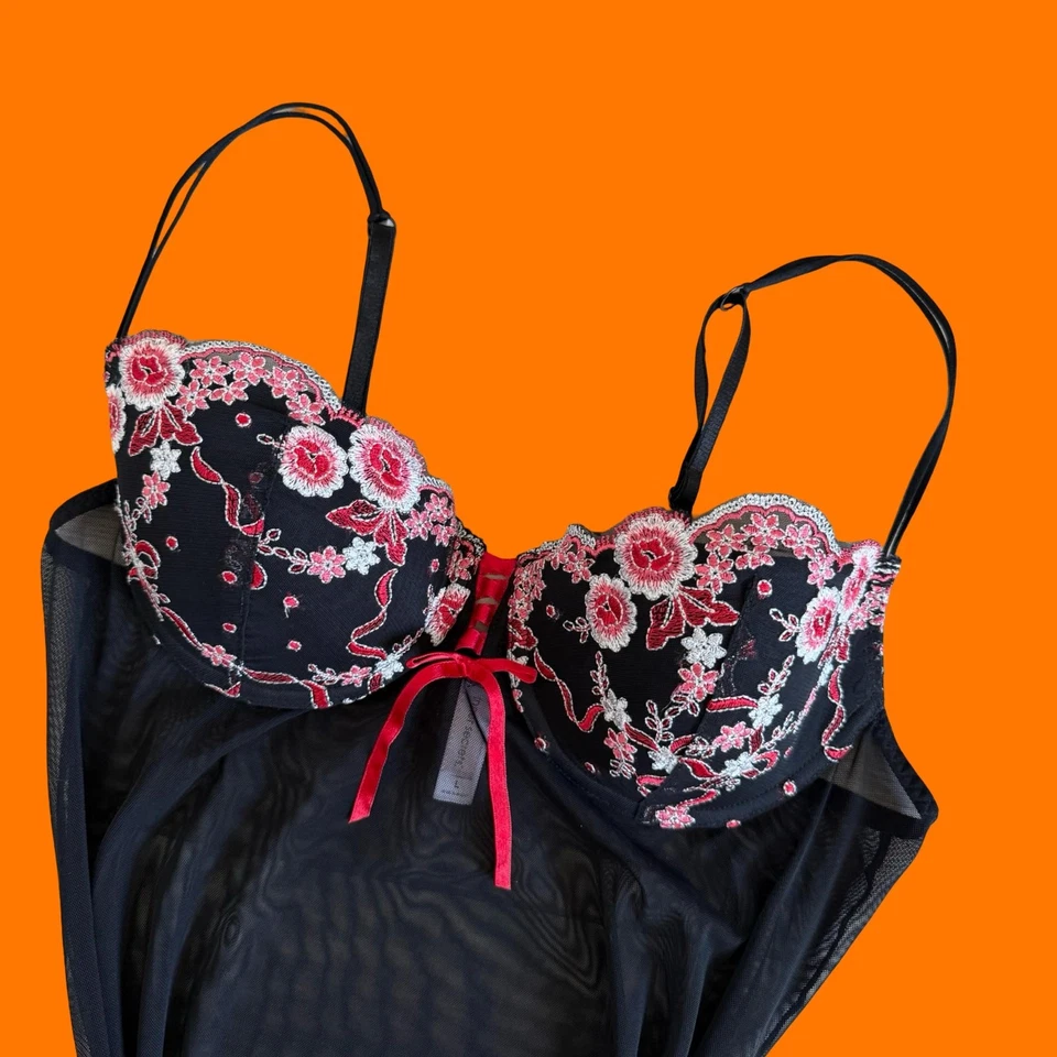 00's Vintage Negro Malla Floral Encaje Corsé Y2k Lencería Bustier Babydoll Slip L Foto 2 de 4