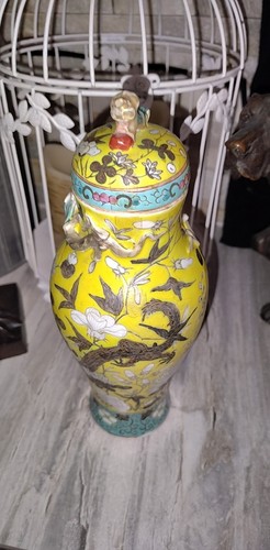 19th Chinese yellow ground enamel famille rose gilt Dragon Small vase Urn Style - Picture 16 of 24