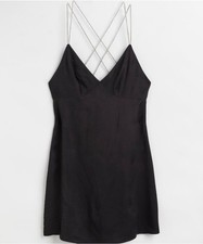 NEW H M Black V-Neck Strappy Beaded Sleeveless Satin Slip Mini Dress XS Viscose