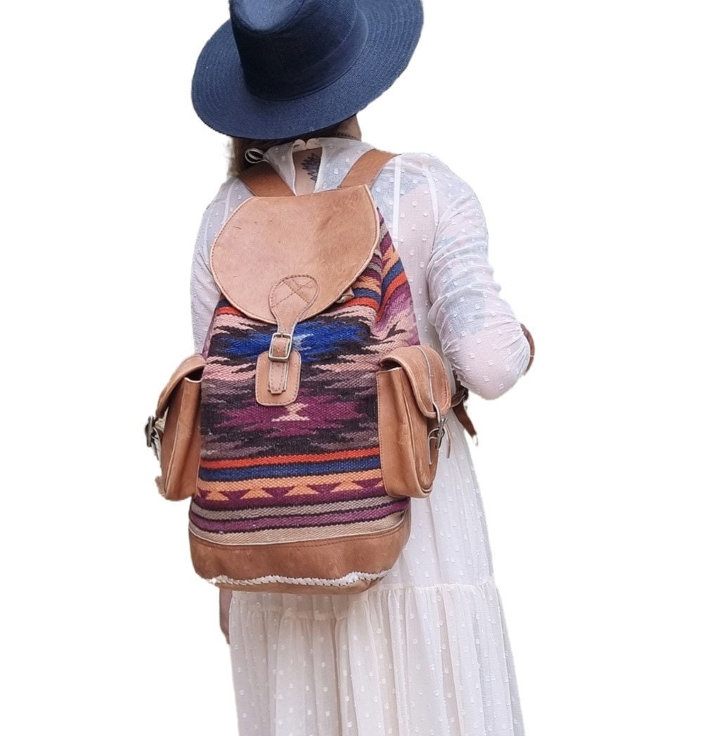 Extra Large Aztec Blanket Leather Backpack, South… - image 1