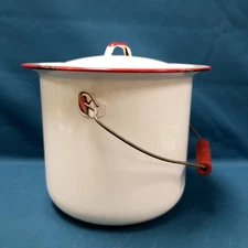 Vtg White Enamelware Stockpot Red Trim Wood Grip Drop Wire Handle Lid