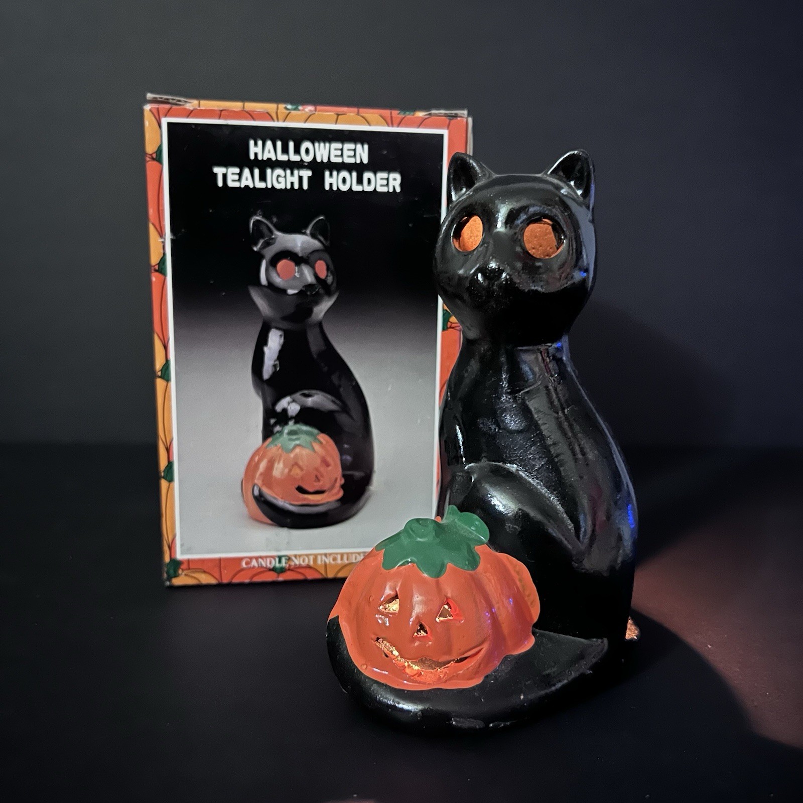 Vintage Ceramic Kmart Halloween Tea Light Candle Holder Witch Black Cat Pumpkin