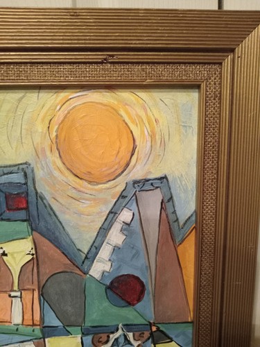 Vintage Oil On Masonite Cubist Abstract "Ancient City" Painting signed AVZ 1968 - Picture 4 of 11